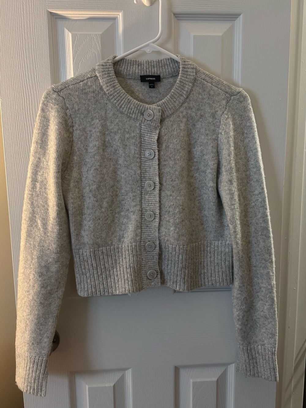 Express Light Gray Button-Front Cropped Cardigan